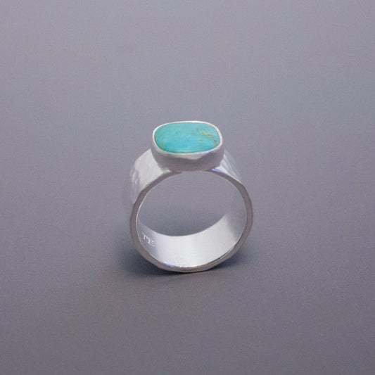 Hammered Sterling Silver and Kingman Turquoise Ring, Wide Hammered American Turquoise Ring
