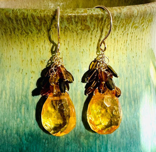 Citrine Sway Earrings with Tourmaline Clusters and 14K Gold Fill Earwires, Citrine and Tourmaline Gemstone Drop Earrings