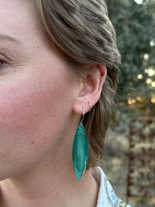Green Leaves, Patinated Copper Leaf Earrings with Argentium Silver Earwires