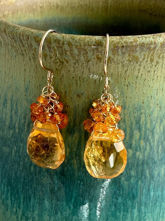 Citrine Sway Earrings with Spessartite Garnet Clusters and 14K Gold Fill Earwires, Citrine and Spessartite Gemstone Drop Earrings