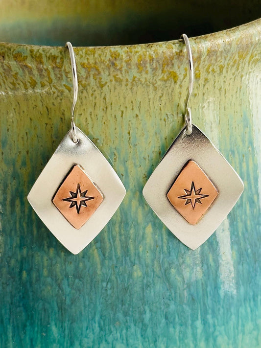Find Your North Earrings, Argentium Silver and Copper Earrings with Compass Rose