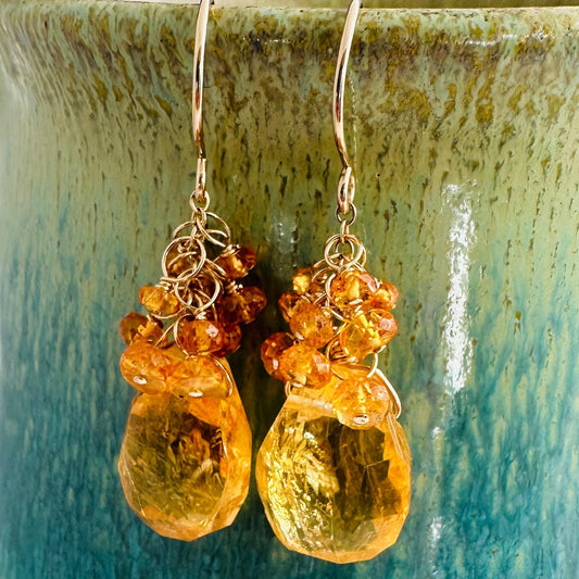 Citrine Sway Earrings with Spessartite Garnet Clusters and 14K Gold Fill Earwires, Citrine and Spessartite Gemstone Drop Earrings