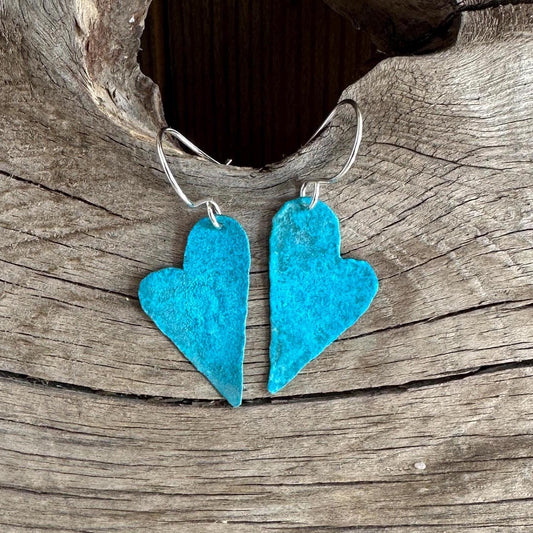Patina Hearts, Patinated Copper Earrings with Argentium Silver Earwires