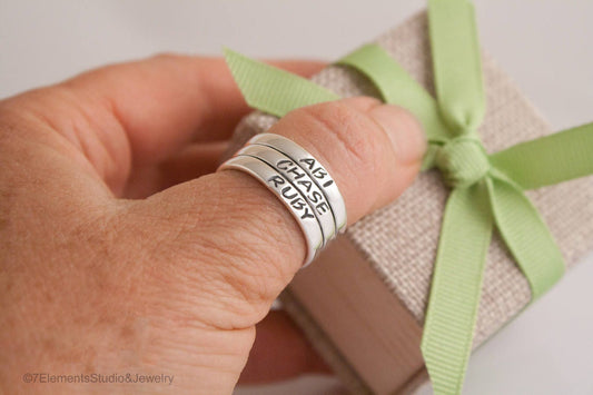 Sterling Silver Tube Ring, Triple Mother's Ring, Contract Ring, Stacked Name Ring