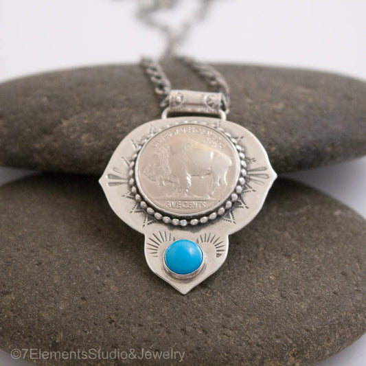 Buffalo Gal Necklace, Sterling Silver Necklace with Buffalo Nickel and Gemstone