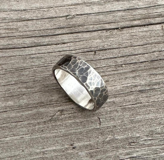 1/4" Wide Hammered Sterling Silver Ring with Rustic Finish, Oxidized and Hammered Wide Silver Band