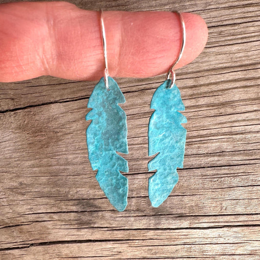 Patina Feather Earrings, Small Patinated Copper Earrings with Argentium Silver Earwires, Turquoise Feather Earrings
