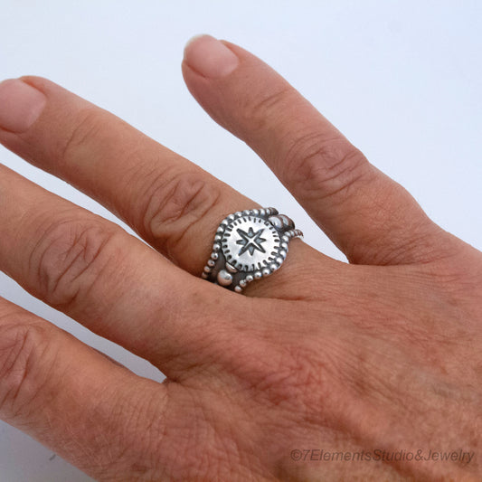 Compass Rose Ring, Argentium Silver Travelers Ring, True North Ring