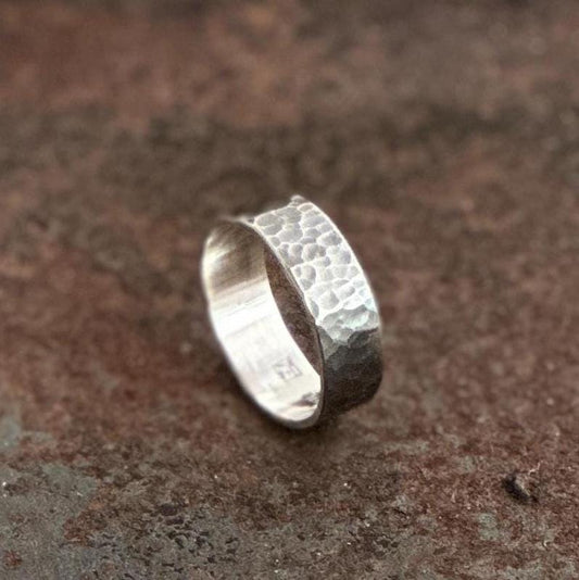 1/4" Wide Hammered Sterling Silver Ring with Rustic Finish, Oxidized and Hammered Wide Silver Band