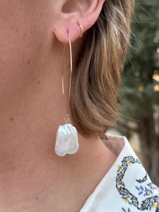 Big Bend 14K Gold Fill and Keshi Pearl Earrings, White Baroque Pearl and Gold Earrings