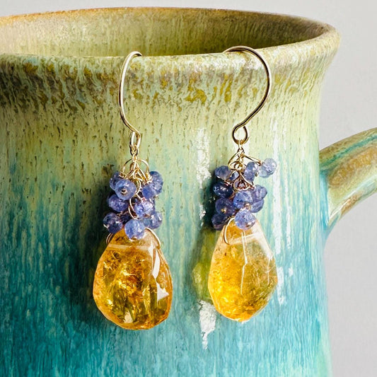 Citrine Sway Earrings with Tanzanite Clusters and 14K Gold Fill Earwires, Citrine and Tanzanite Gemstone Drop Earrings