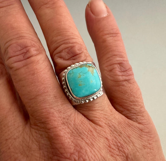 Cushion Cut Kingman Turquoise Statement Ring , Argentium and Sterling Silver Ring with Square Blue Turquoise