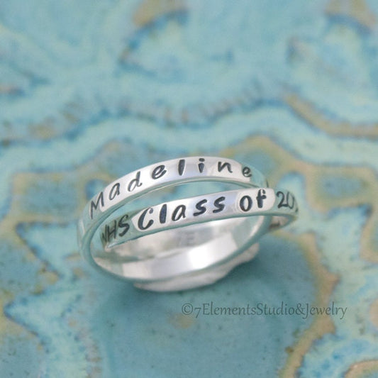 Sterling Silver Graduation Ring,  Interlocking Silver Class Ring, Personalized Rolling Rings for Graduation