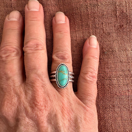 Green Kingman Turquoise and Sterling Silver Ring, Surfboard Turquoise Ring size 7.25