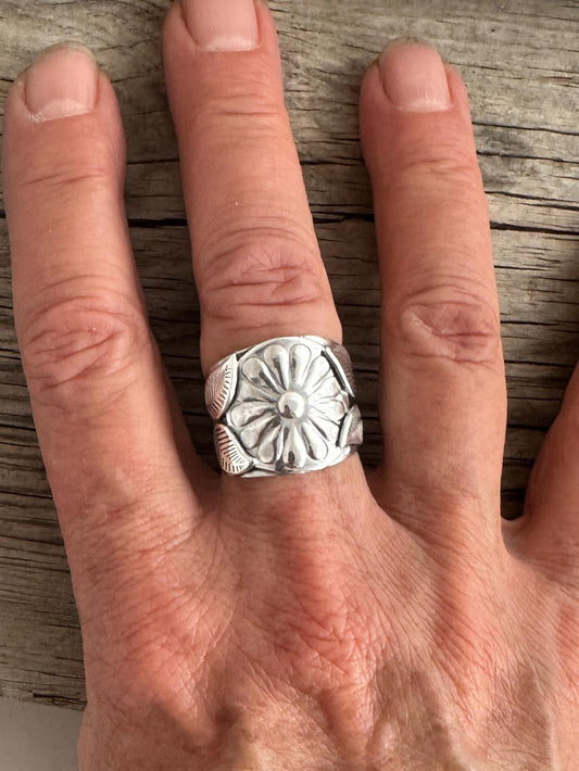 Nature's Essence Ring, Wide Sterling Silver Floral Ring Framed with Leaves