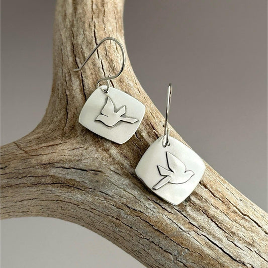 Colorado Bluebird Argentium Earrings, Petite Cushion Earrings with Fused Mountain Bluebird Silhouettes