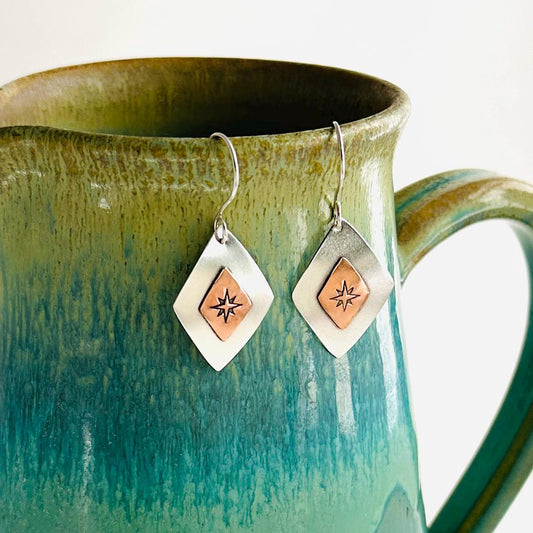 Find Your North Earrings, Argentium Silver and Copper Earrings with Compass Rose