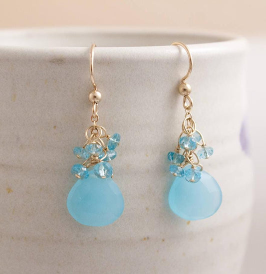 14K Gold Fill Drop Earrings with Blue Chalcedony Briolettes and Clusters of Matching Blue Apatite Gems