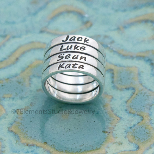 Sterling Tube Ring, Stacked Name Ring, Mother's Ring, Personalized Ring, 4 Tier Name Ring