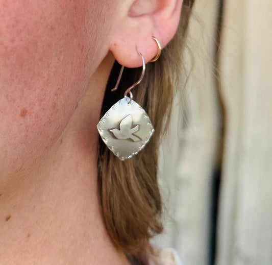 Colorado Bluebird Argentium Earrings, Petite Cushion Earrings with Fused Mountain Bluebird Silhouettes