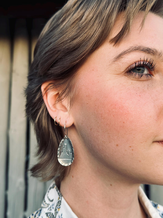 Monument Valley Argentium Silver Earrings, Fused Silver Teardrop Earrings with SW Buttes Silhouette and Stamped Edges