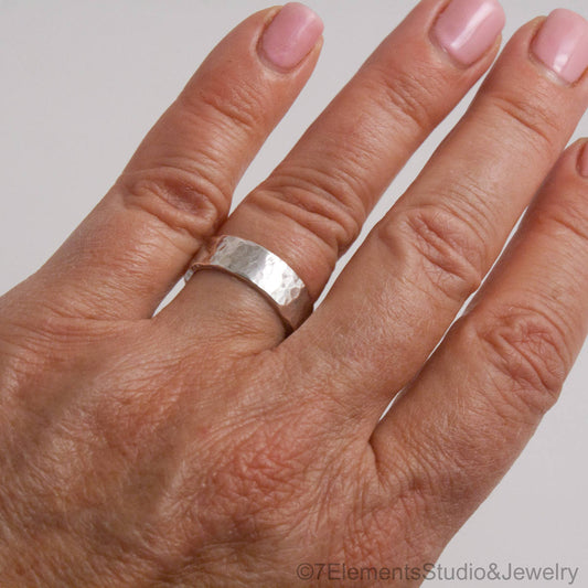 6mm Hammered Sterling Silver Ring, Wide Hammered Silver Band