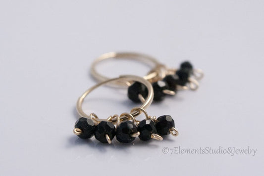 14K Solid Gold Endless Hoop Earrings with Faceted Black Spinel Gemstones