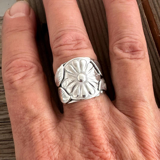 Nature's Essence Ring, Wide Sterling Silver Floral Ring Framed with Leaves