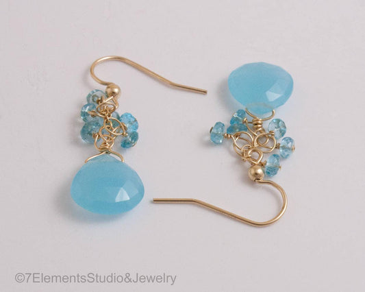 14K Gold Fill Drop Earrings with Blue Chalcedony Briolettes and Clusters of Matching Blue Apatite Gems