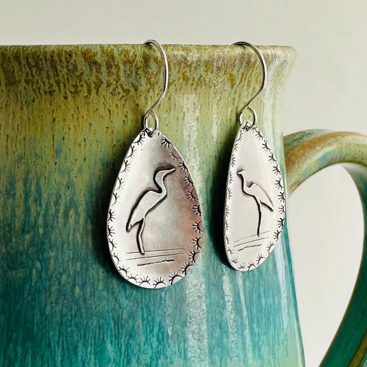 Great Blue Heron Argentium Silver Earrings, Fused Silver Teardrop Earrings with Heron Silhouettes and Hand-stamped Border