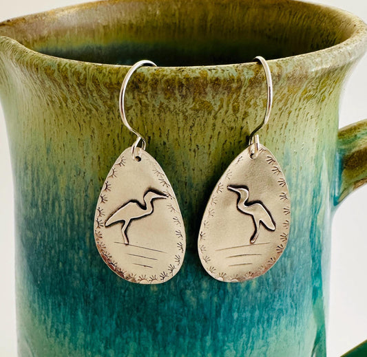 Great Blue Heron Argentium Silver Earrings, Fused Silver Teardrop Earrings with Heron Silhouettes and Hand-stamped Border