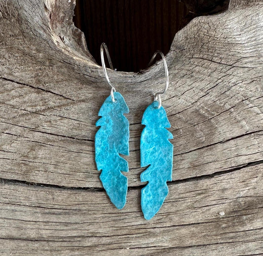 Patina Feather Earrings, Small Patinated Copper Earrings with Argentium Silver Earwires, Turquoise Feather Earrings