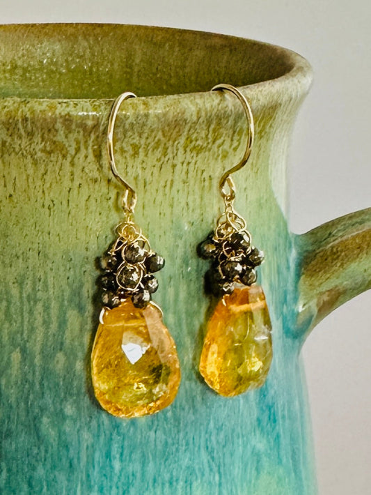 Citrine Sway Earrings with Pyrite Clusters and 14K Gold Fill Earwires, Citrine Gemstone and Pyrite Drop Earrings