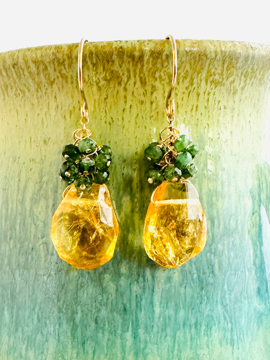 Citrine Sway Earrings with Emerald Clusters and 14K Gold Fill Earwires, Citrine and Emerald Gemstone Drop Earrings