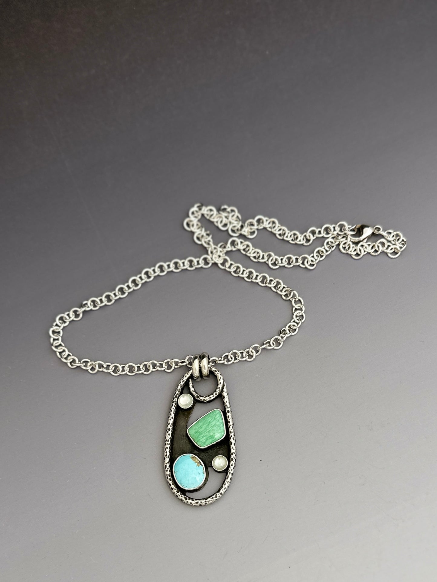 Turquoise, Variscite, and Mother of Pearl Sterling Pendant Necklace