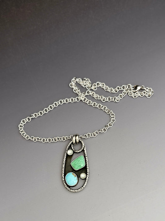 Turquoise, Variscite, and Mother of Pearl Sterling Pendant Necklace