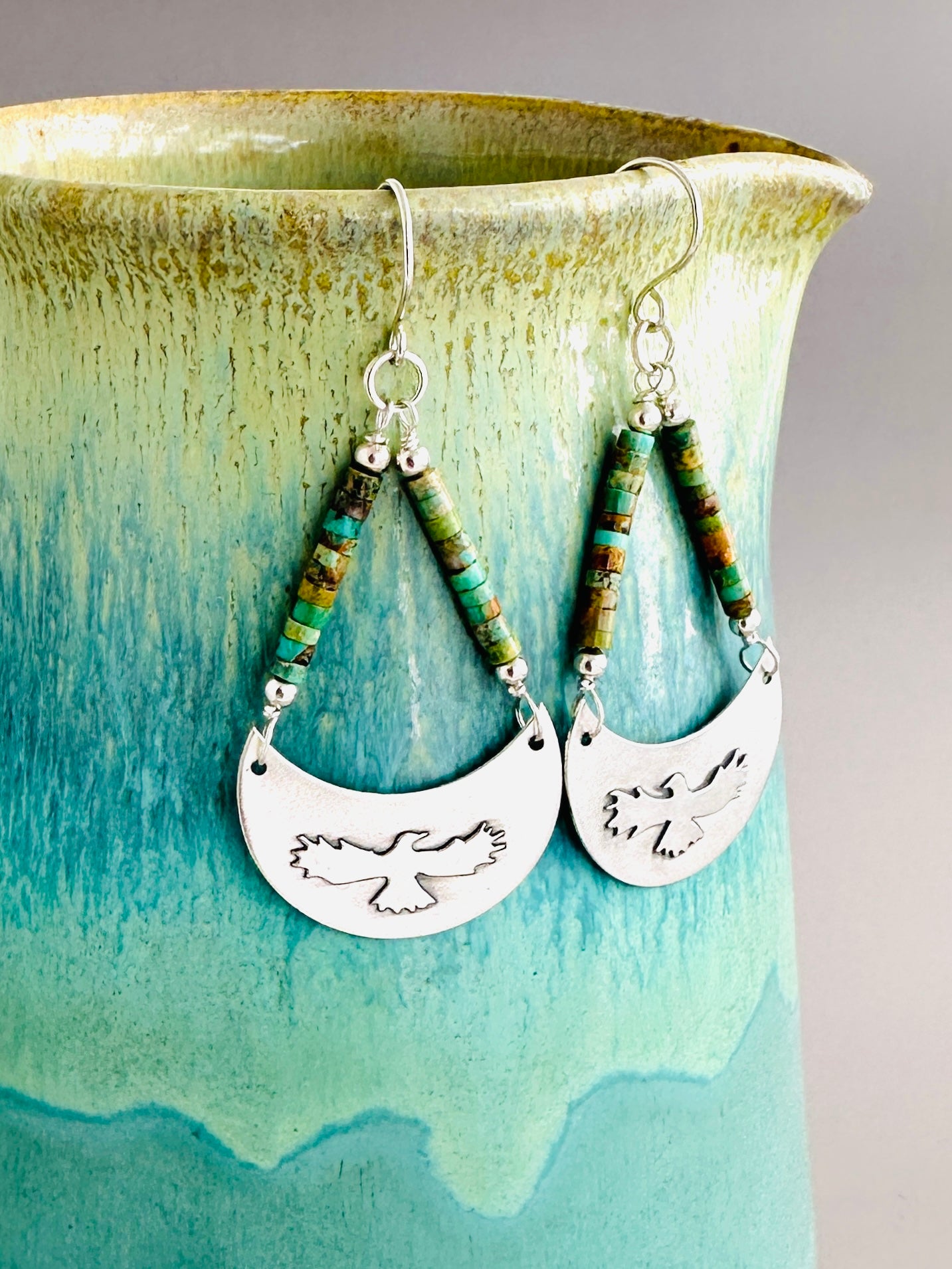 Silver Crescent Eagles and Green Turquoise Earrings