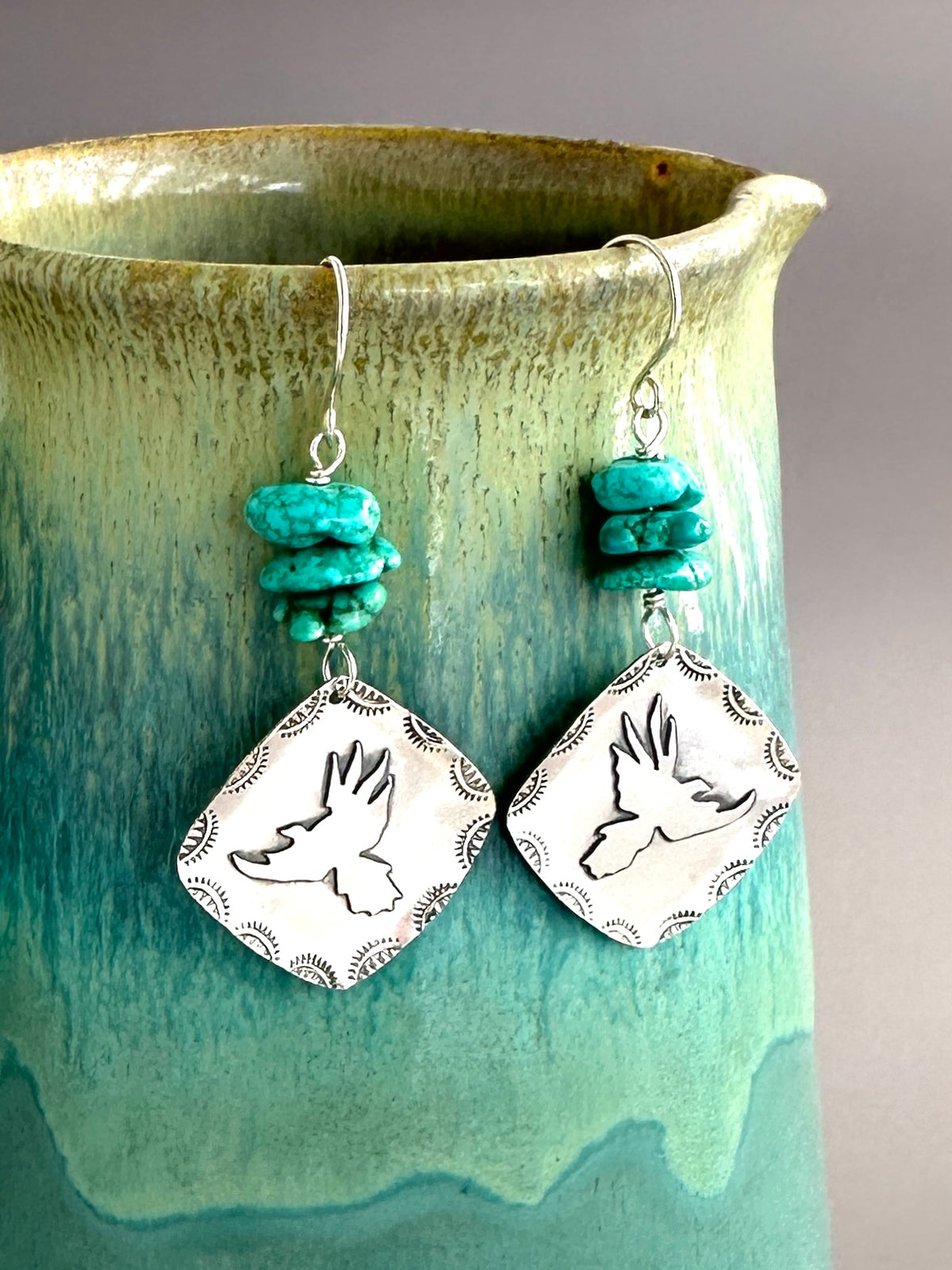 Red-Tailed Hawk Earrings, Fused Argentium Silver Earrings with Hawk Silhouette and Turquoise