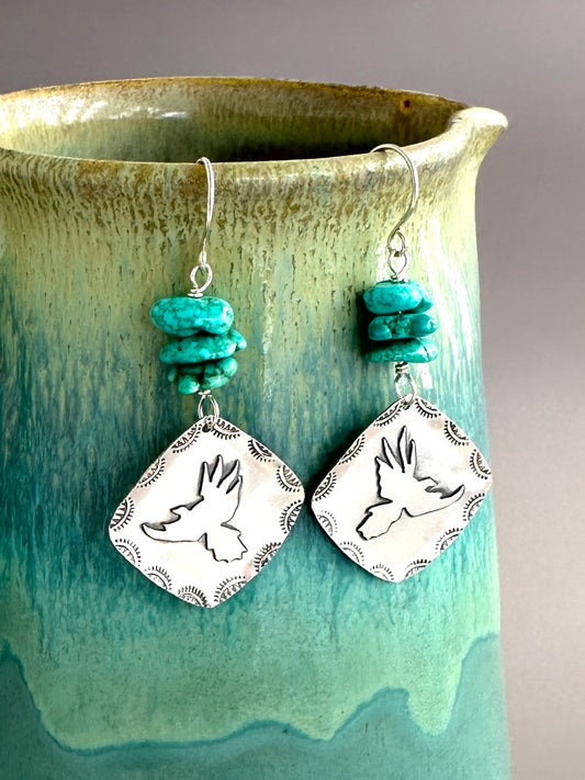Red Tail Hawk Earrings, Argentium Silver Earrings with Hawk Silhouette and Turquoise