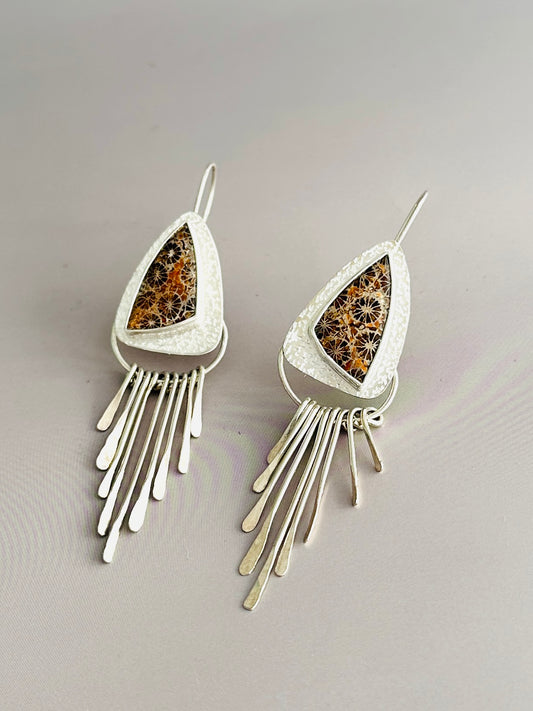 Fossilized Coral Earrings with Hammered Argentium Silver Fringe