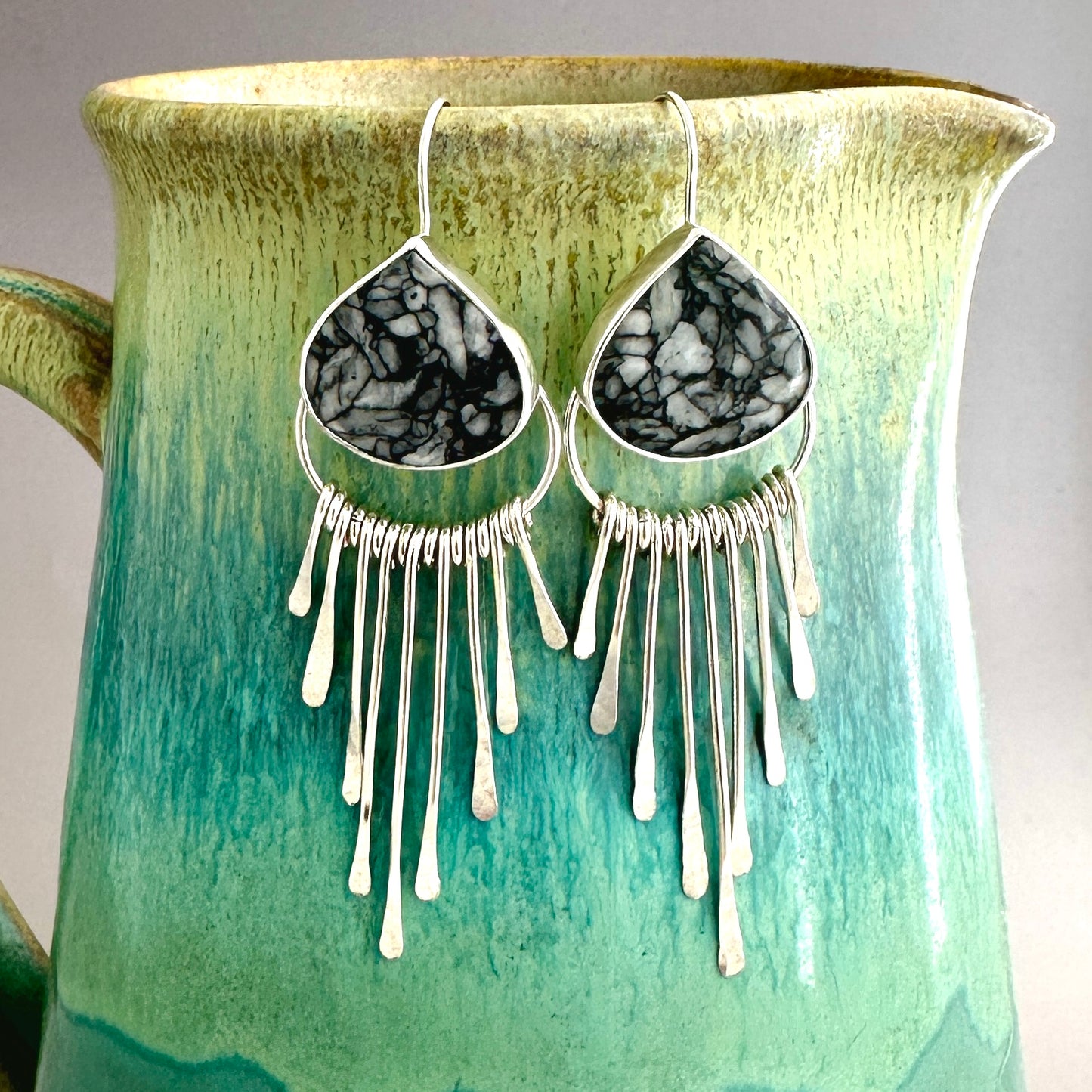 Pinolite and Argentium Sterling Silver Fringed Earrings