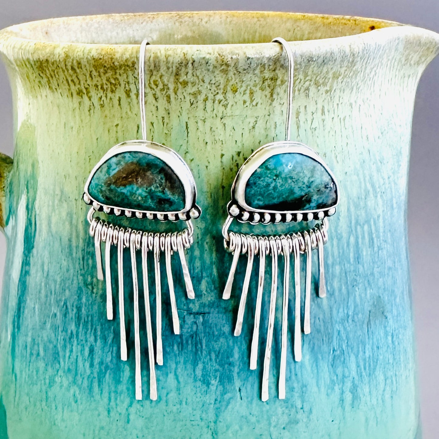 Morenci Turquoise and Sterling Silver Fringe Earrings, Rain Clouds