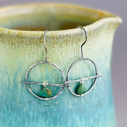 Turquoise and Hammered Sterling Circle Earrings