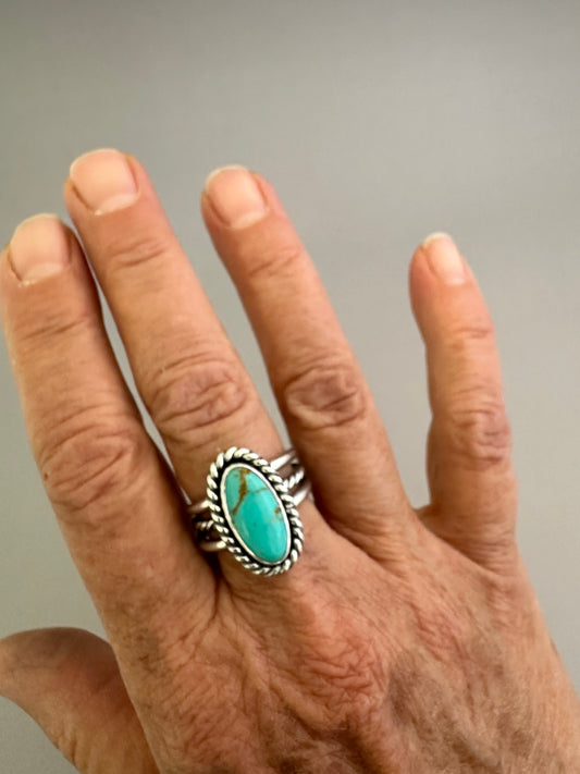 Kingman Turquoise and Sterling Silver Ring, Turquoise Solitaire Ring, Roped Bezel, SIZE 7.5