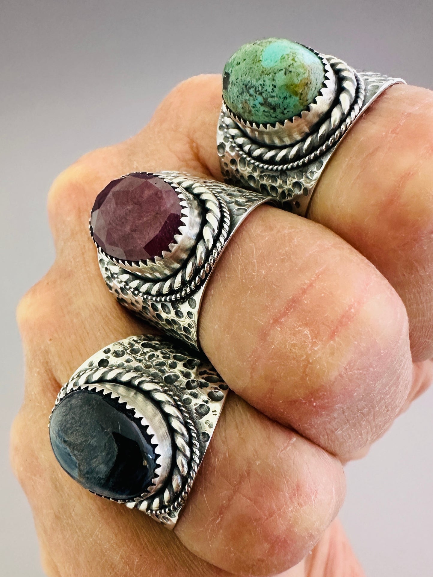 The Wanderlust Ring in Stormy Pietersite, Textured Sterling Statement Ring with Roped Bezel, SIZE 8.5