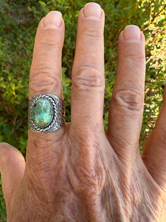 The Wanderlust Ring in Desert Turquoise, Textured Sterling Statement Ring with Roped Bezel, SIZE 10.25