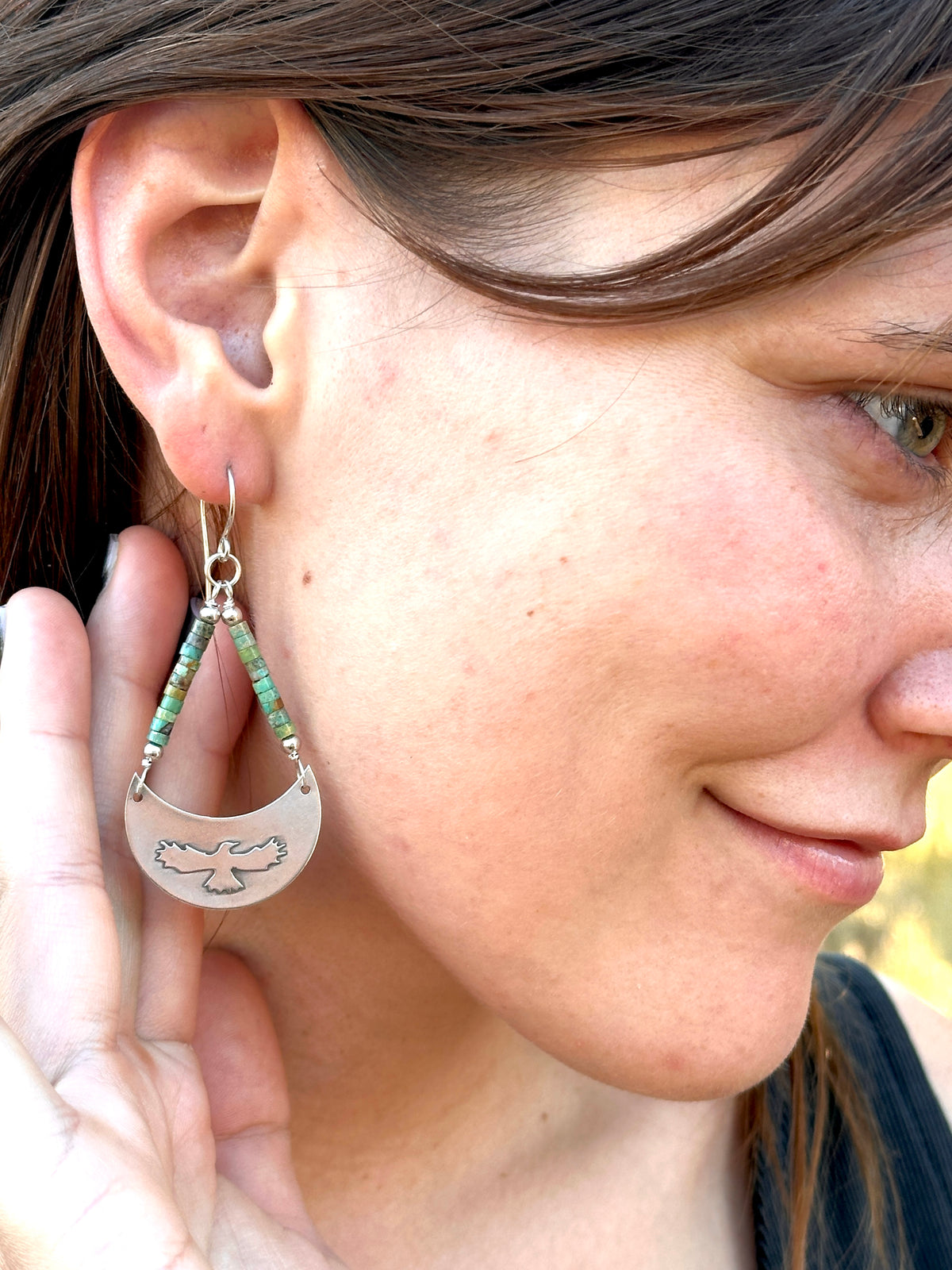 Argentium Silver Eagle Earrings with Green Turquoise