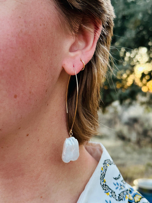 Big Bend 14K Gold Fill and Keshi Pearl Earrings, White Baroque Pearl and Gold Earrings