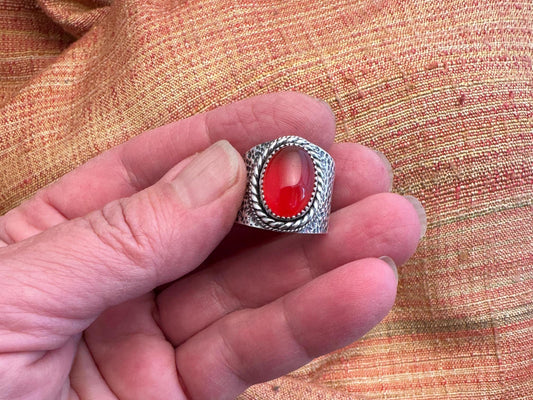 Carnelian and Argentium Silver Ring, Textured Wide Silver Ring with Oval Carnelian Gemstone