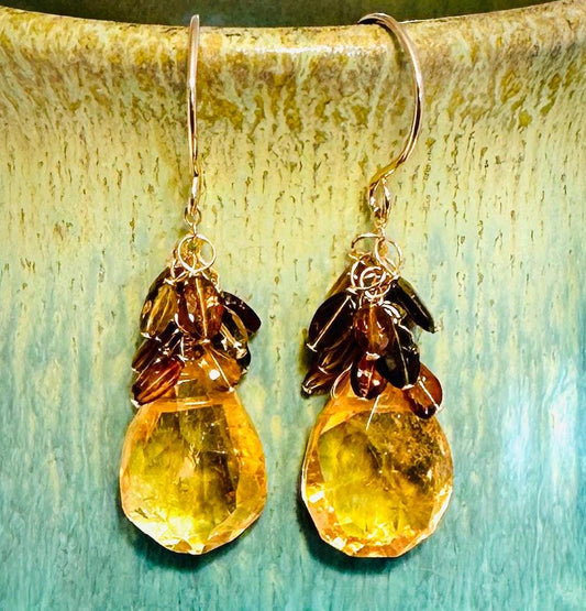 Citrine Sway Earrings with Tourmaline Clusters and 14K Gold Fill Earwires, Citrine and Tourmaline Gemstone Drop Earrings